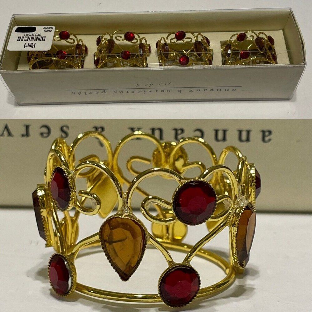 4 Pier One Imports Jeweled Napkin Rings Red & Amber Set In Gold Tone Metal